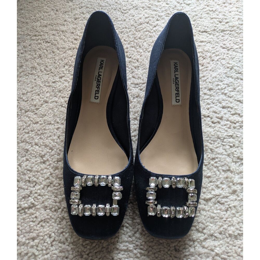 Karl Lagerfeld Satin Rhinestone Navy Blue Block Heel Sz 8.5